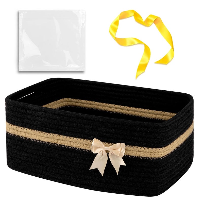 OIAHOMY Large Woven Storage Basket with Handles for Nursery Living Room Shelves, Bow Basket for Gifts Empty with Gift Bags and Ribbons for Baby Showers Pet Toy Bin - Black - Image 1